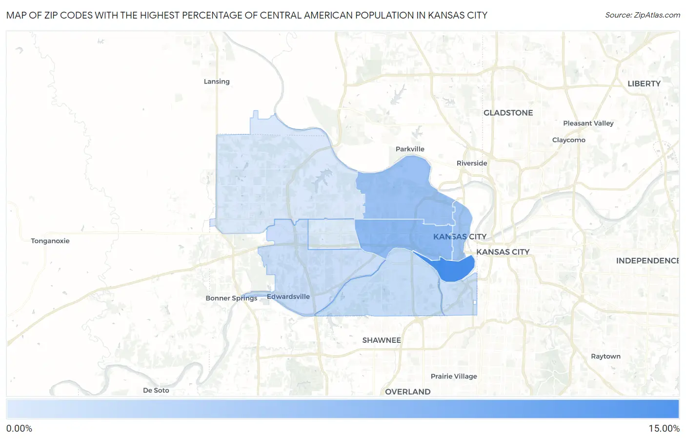 Zip Codes with the Highest Percentage of Central American Population in Kansas City Map