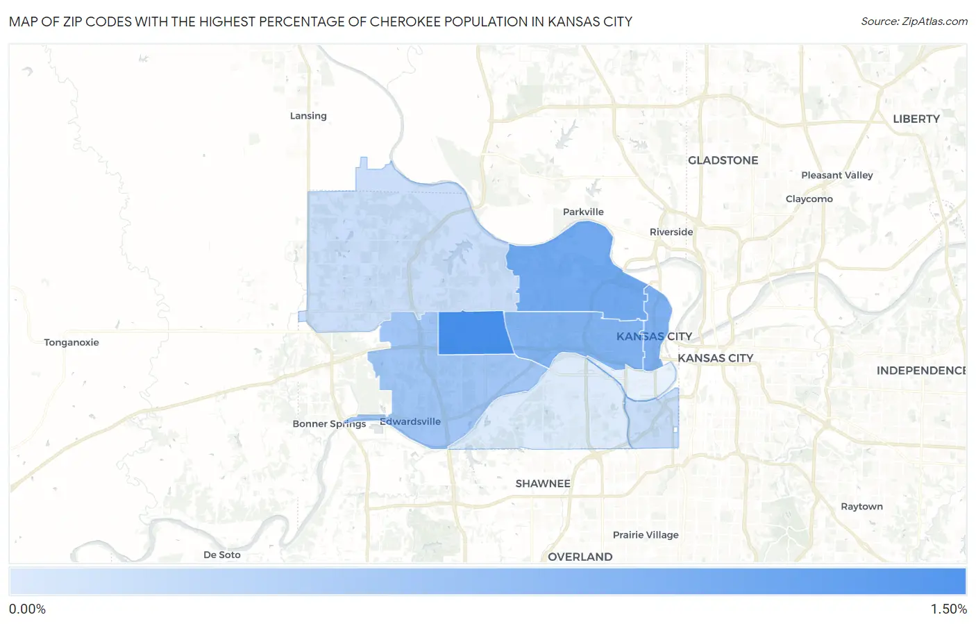 Zip Codes with the Highest Percentage of Cherokee Population in Kansas City Map
