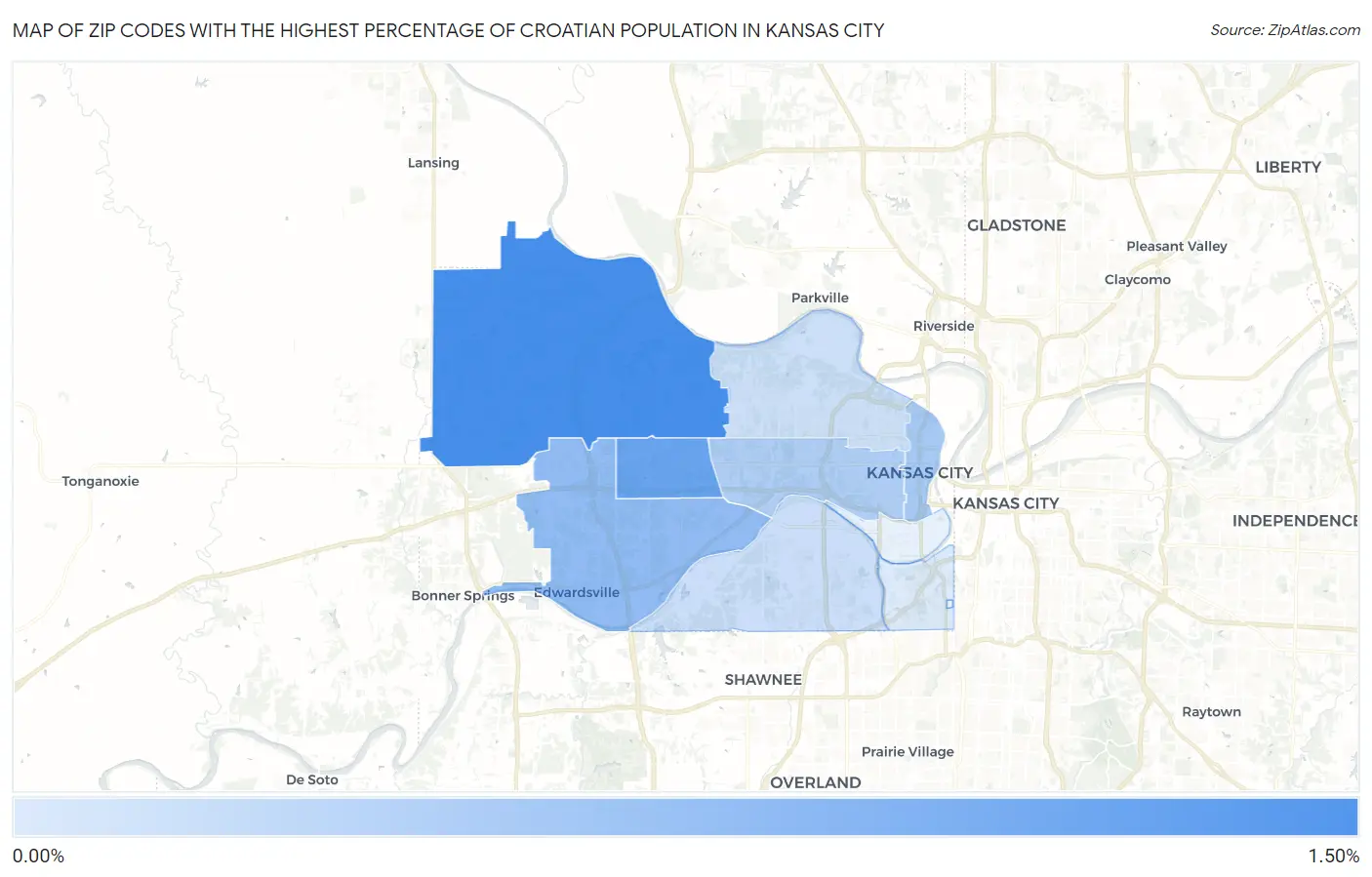 Zip Codes with the Highest Percentage of Croatian Population in Kansas City Map