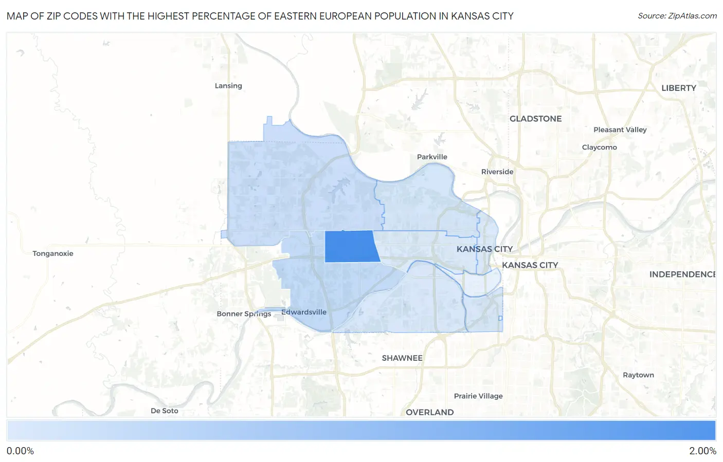 Zip Codes with the Highest Percentage of Eastern European Population in Kansas City Map