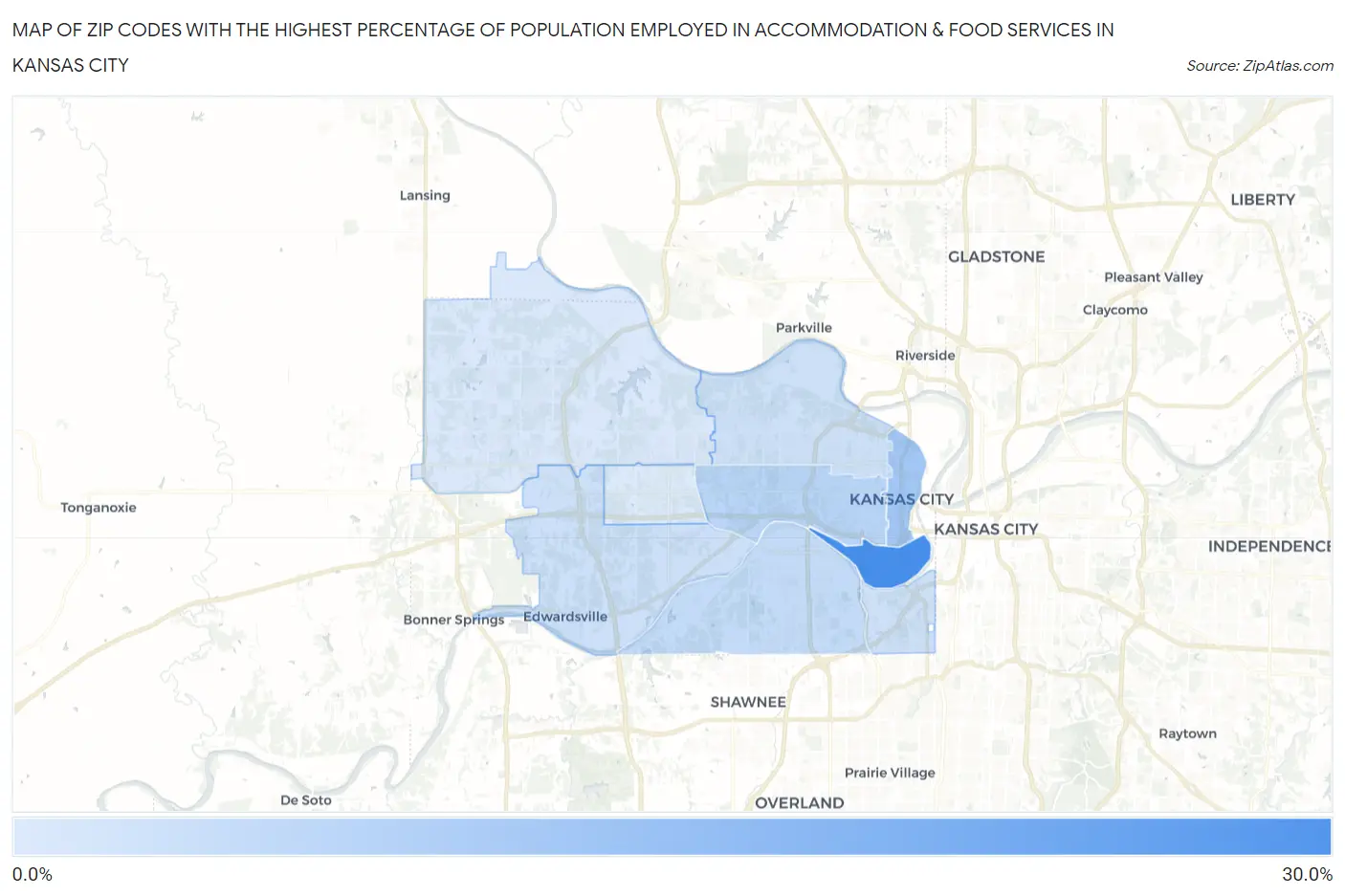 Zip Codes with the Highest Percentage of Population Employed in Accommodation & Food Services in Kansas City Map