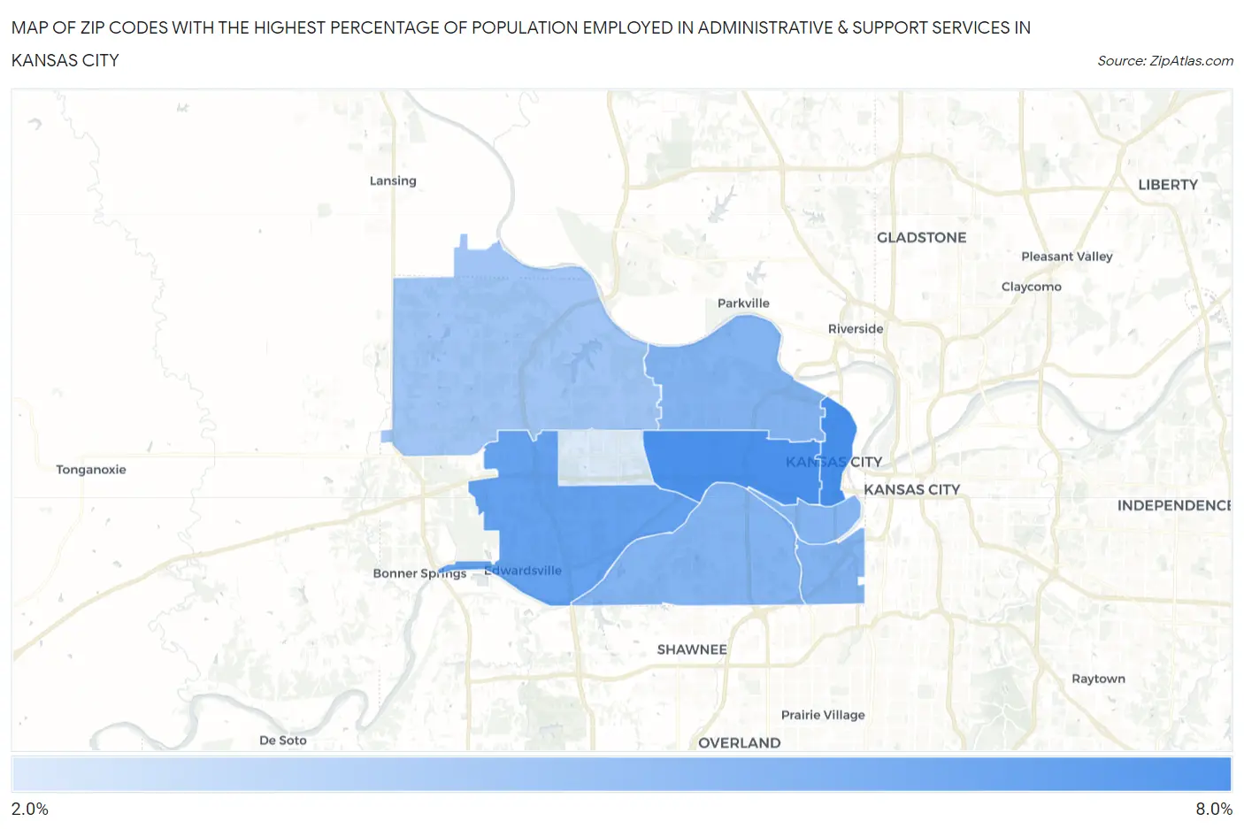 Zip Codes with the Highest Percentage of Population Employed in Administrative & Support Services in Kansas City Map