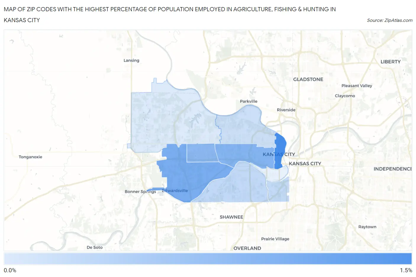 Zip Codes with the Highest Percentage of Population Employed in Agriculture, Fishing & Hunting in Kansas City Map