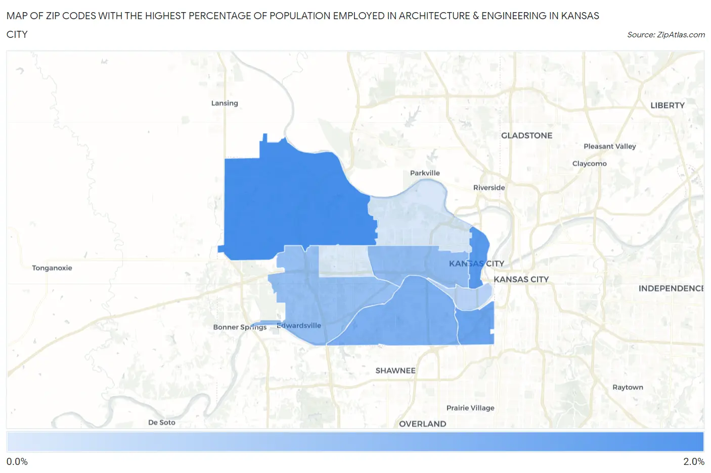 Zip Codes with the Highest Percentage of Population Employed in Architecture & Engineering in Kansas City Map