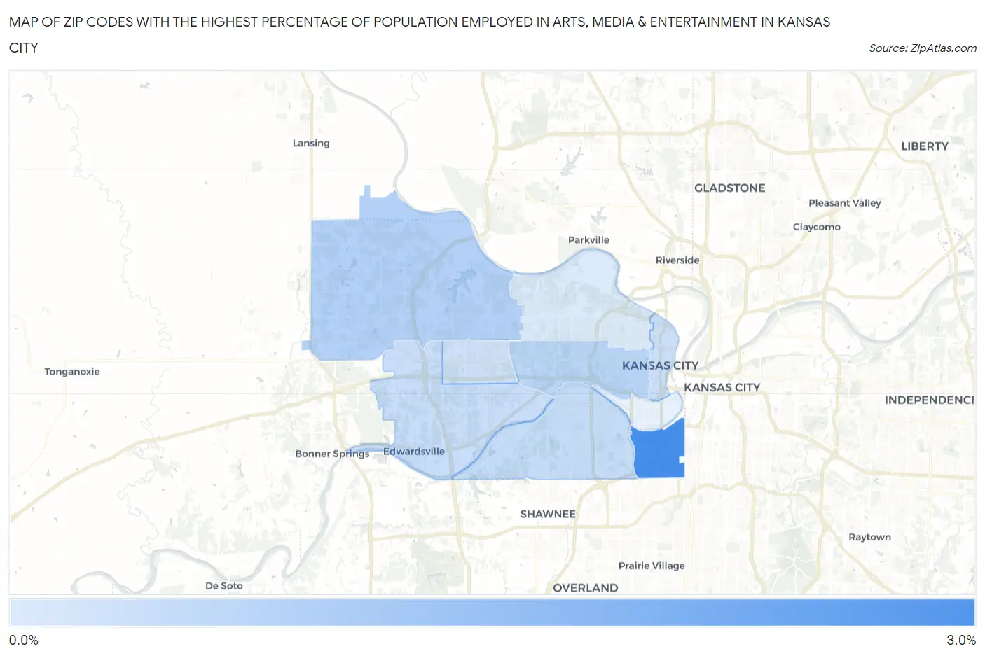 Zip Codes with the Highest Percentage of Population Employed in Arts, Media & Entertainment in Kansas City Map