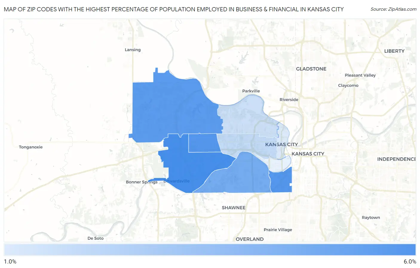 Zip Codes with the Highest Percentage of Population Employed in Business & Financial in Kansas City Map