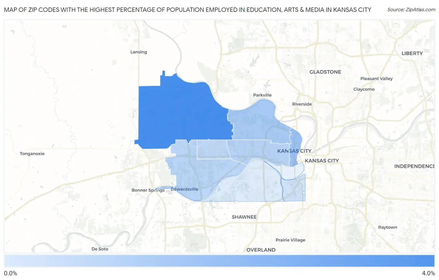 Zip Codes with the Highest Percentage of Population Employed in Education, Arts & Media in Kansas City Map
