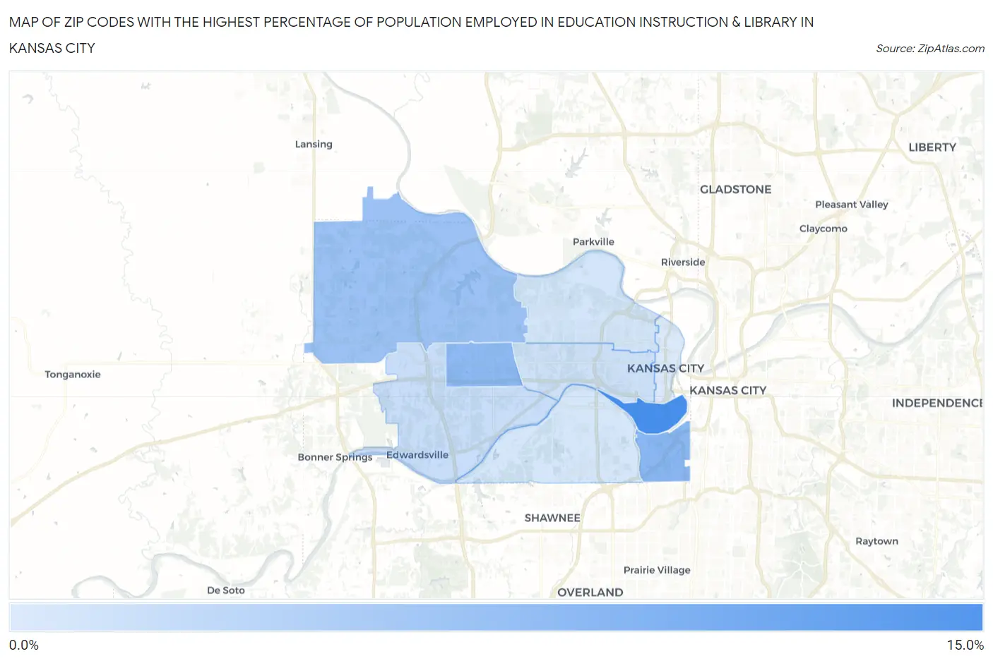 Zip Codes with the Highest Percentage of Population Employed in Education Instruction & Library in Kansas City Map