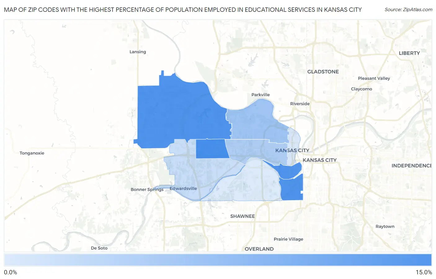 Zip Codes with the Highest Percentage of Population Employed in Educational Services in Kansas City Map