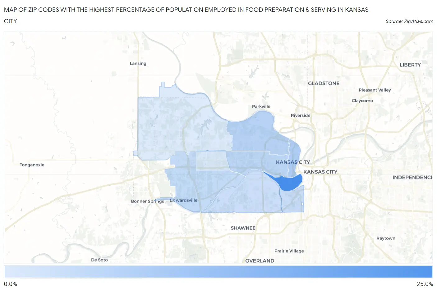 Zip Codes with the Highest Percentage of Population Employed in Food Preparation & Serving in Kansas City Map
