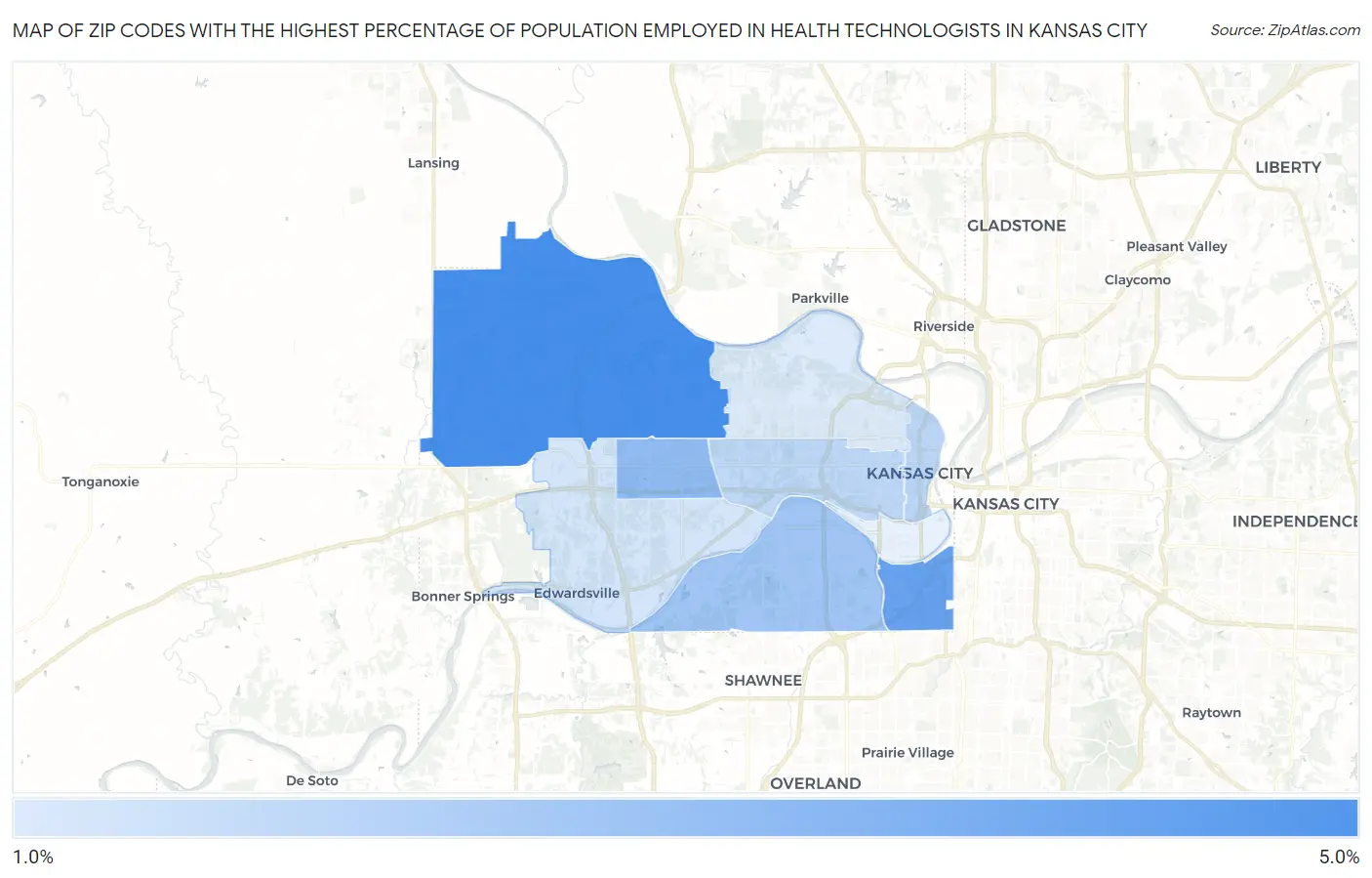 Zip Codes with the Highest Percentage of Population Employed in Health Technologists in Kansas City Map