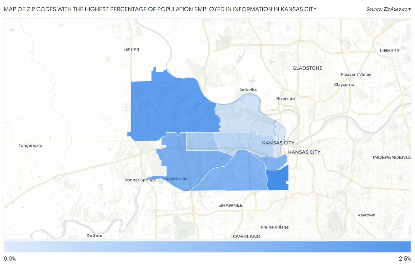 Zip Codes with the Highest Percentage of Population Employed in Information in Kansas City Map