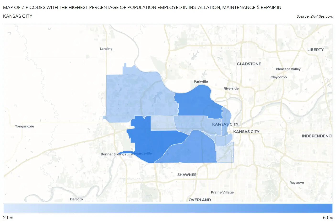 Zip Codes with the Highest Percentage of Population Employed in Installation, Maintenance & Repair in Kansas City Map