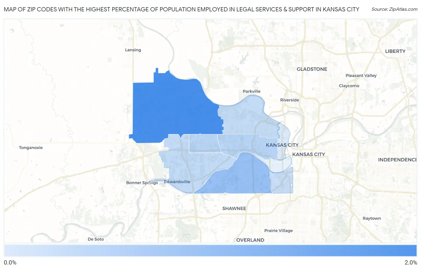 Zip Codes with the Highest Percentage of Population Employed in Legal Services & Support in Kansas City Map