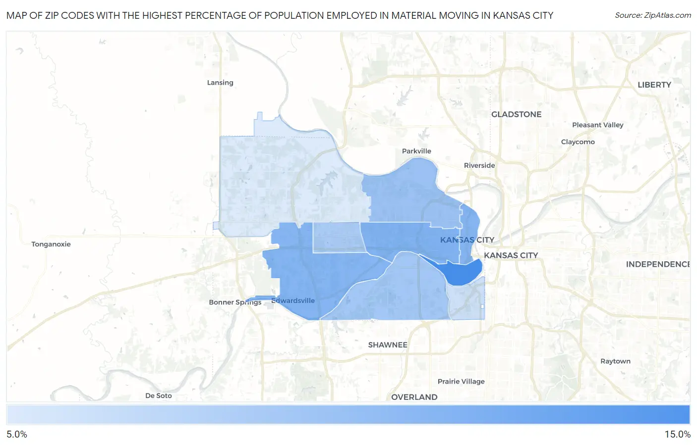Zip Codes with the Highest Percentage of Population Employed in Material Moving in Kansas City Map