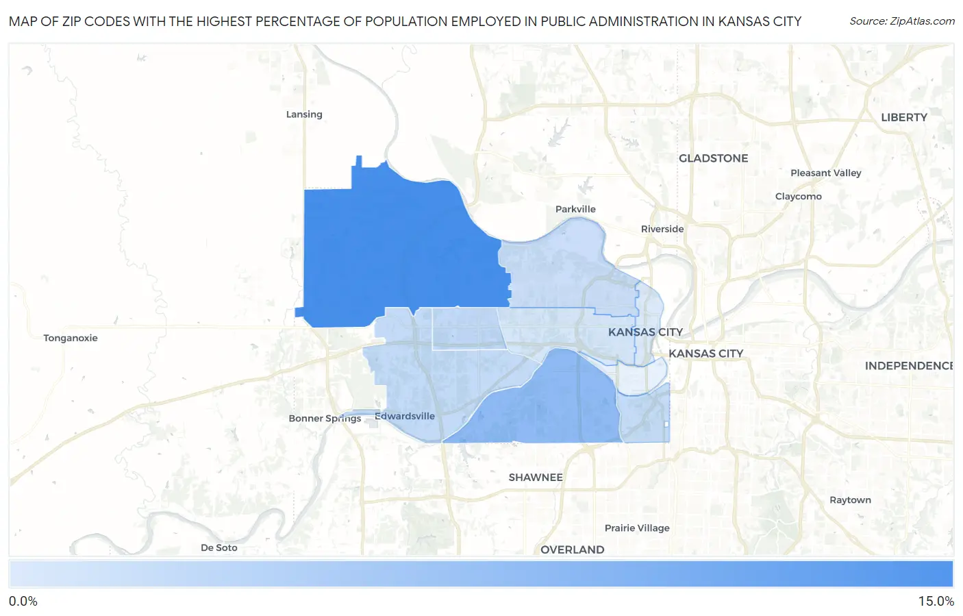 Zip Codes with the Highest Percentage of Population Employed in Public Administration in Kansas City Map