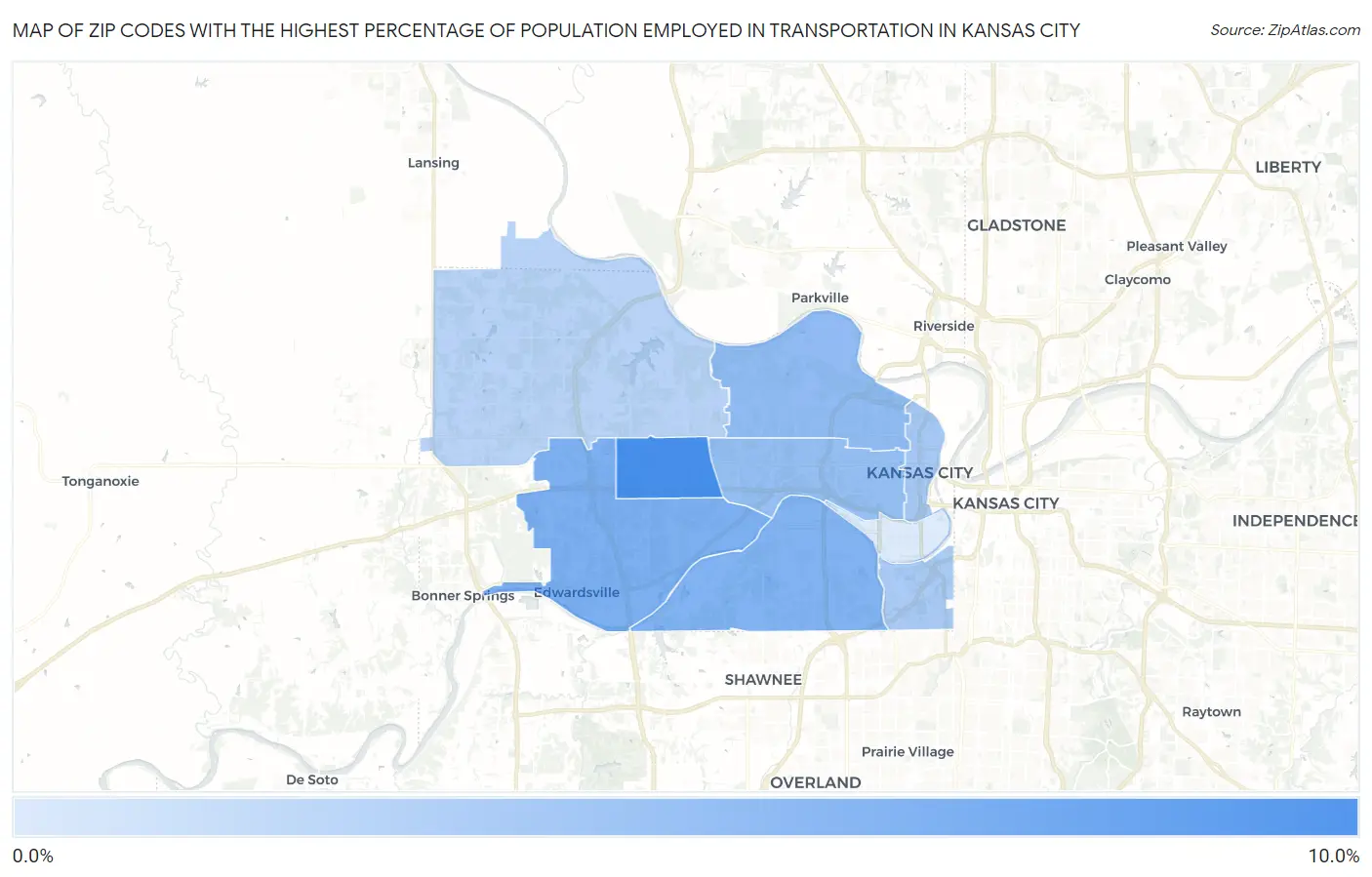 Zip Codes with the Highest Percentage of Population Employed in Transportation in Kansas City Map