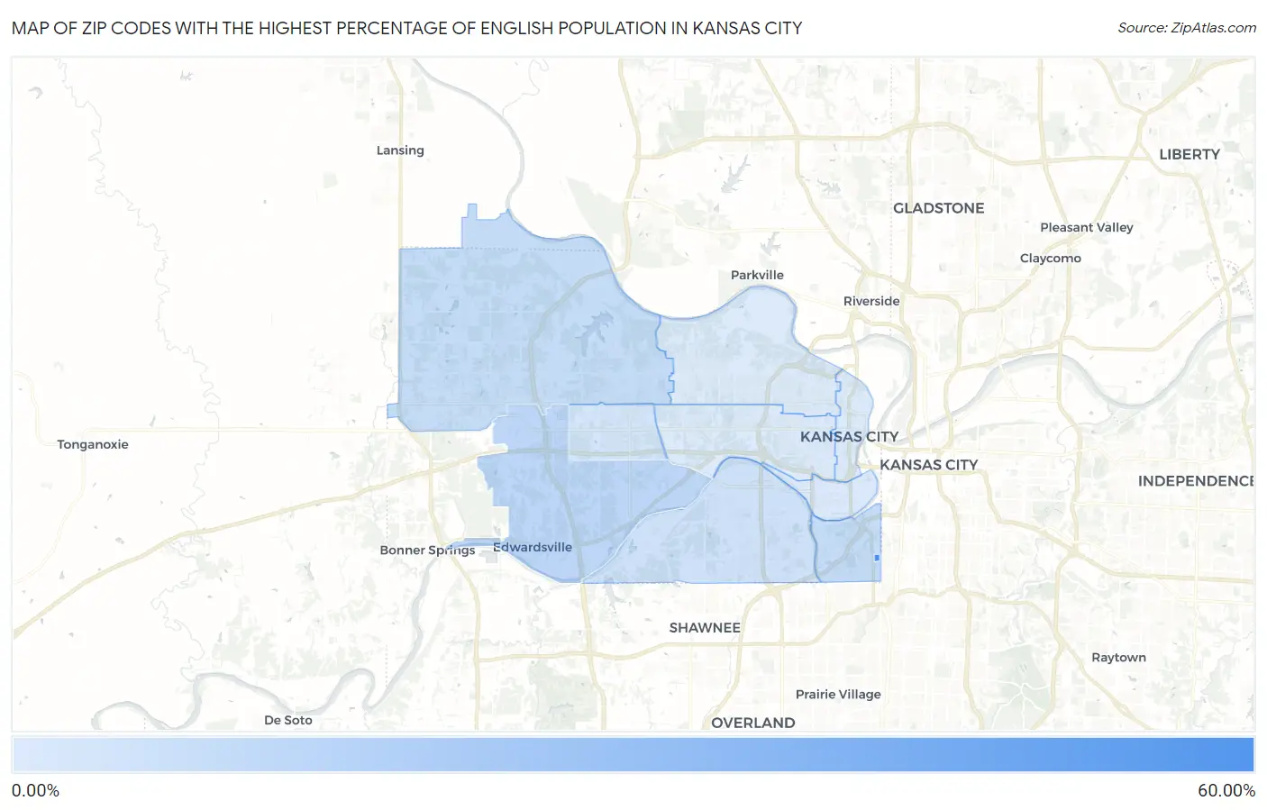 Zip Codes with the Highest Percentage of English Population in Kansas City Map