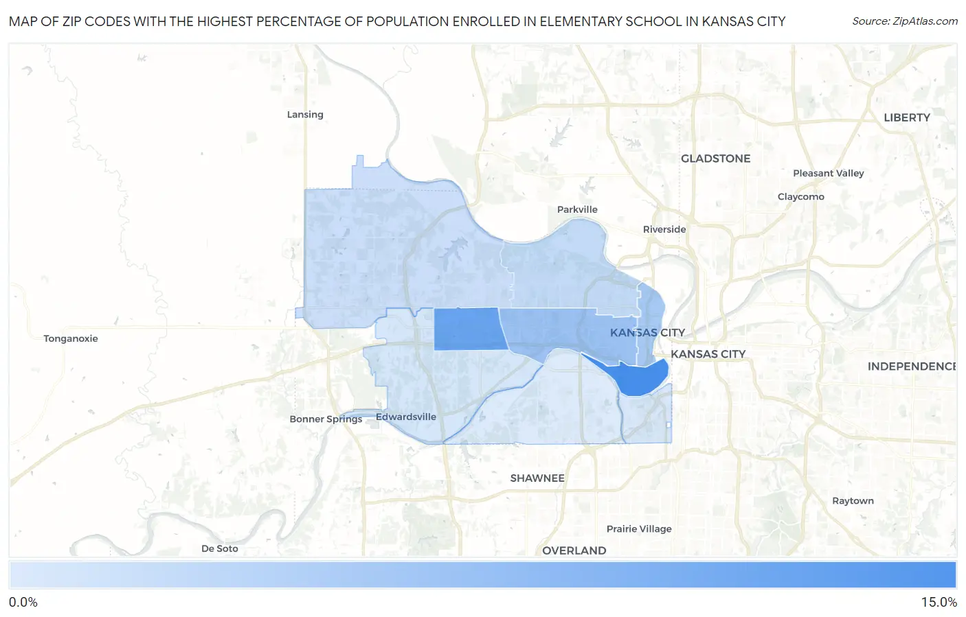 Zip Codes with the Highest Percentage of Population Enrolled in Elementary School in Kansas City Map