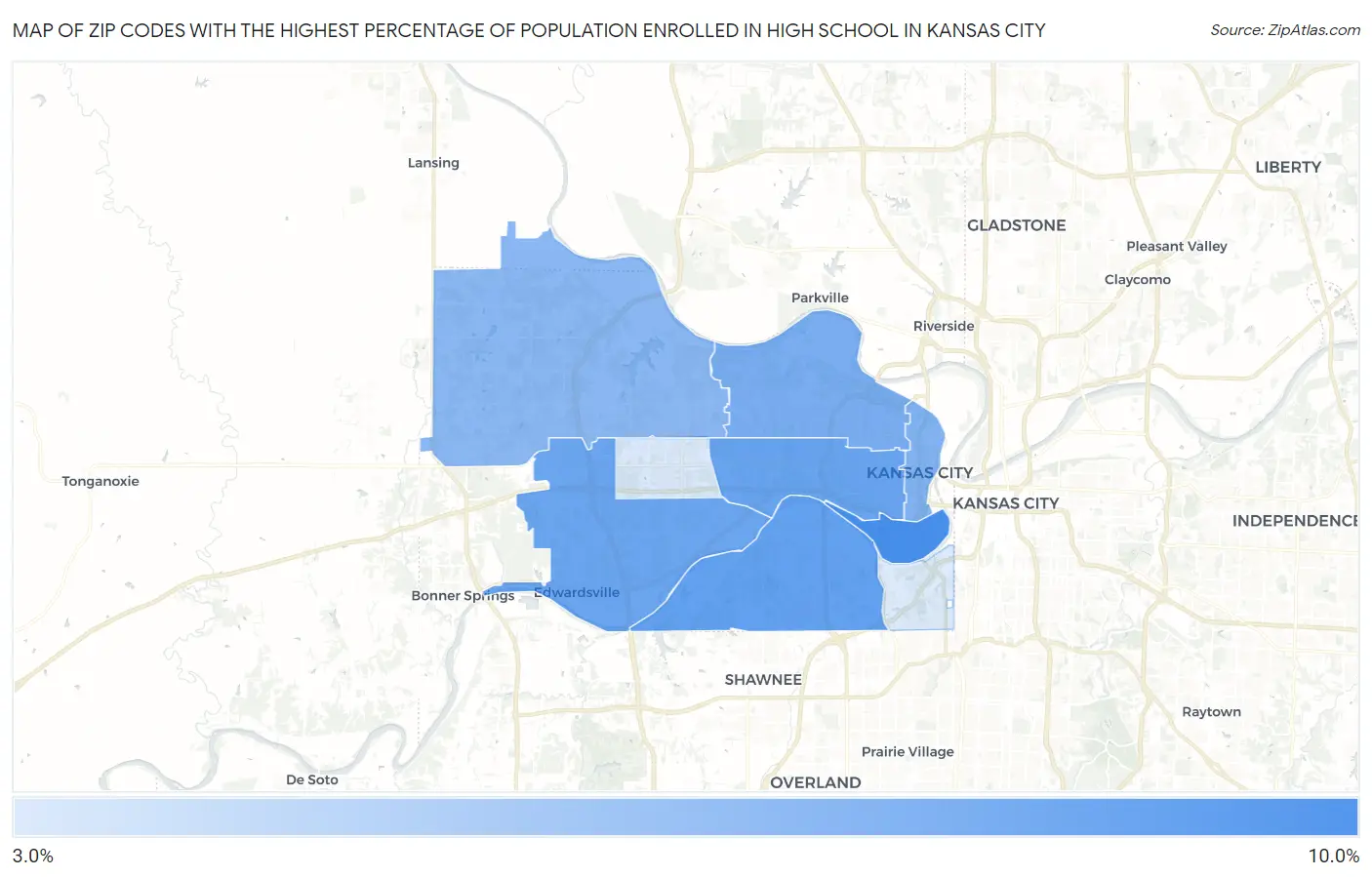 Zip Codes with the Highest Percentage of Population Enrolled in High School in Kansas City Map