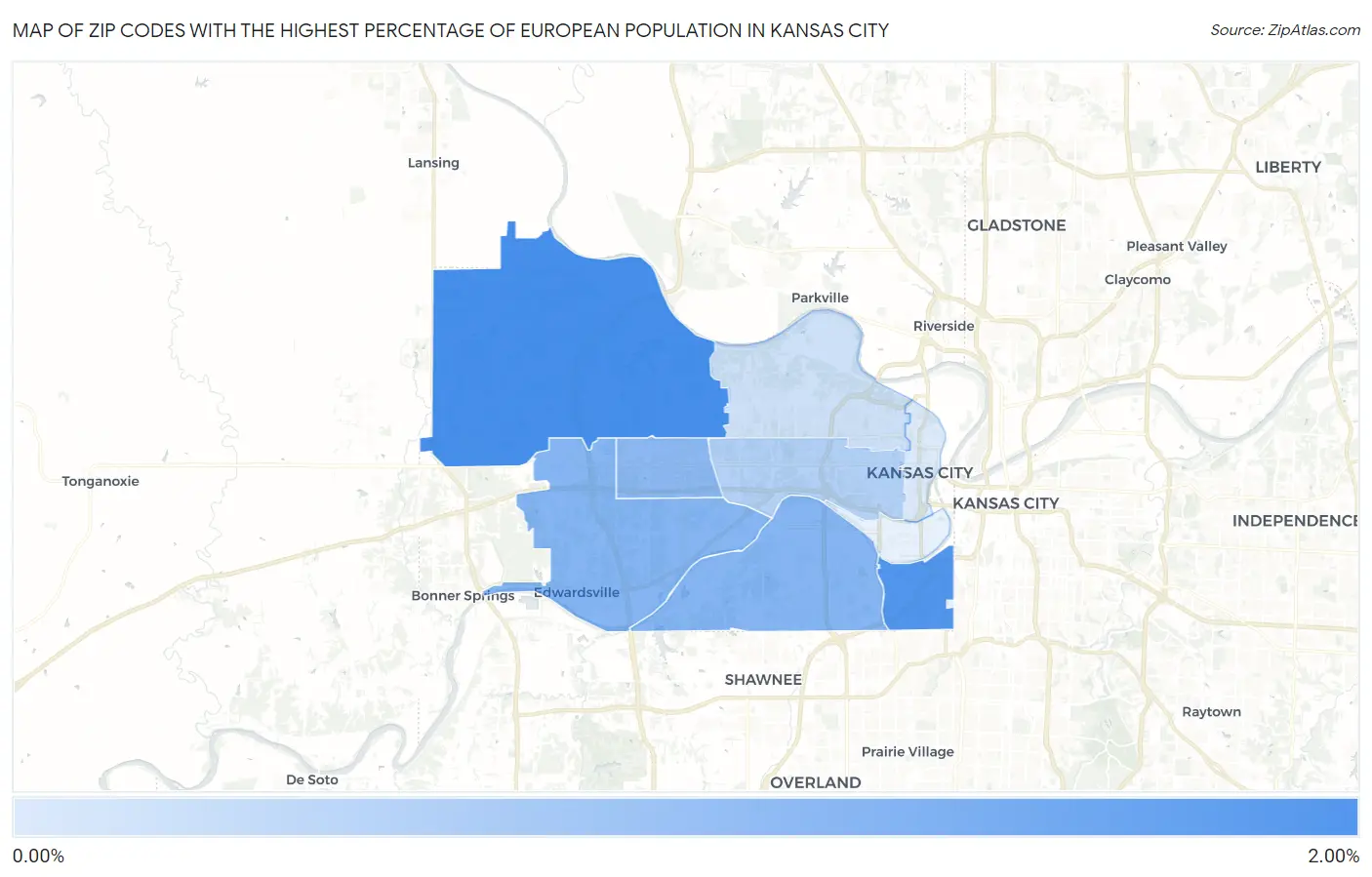 Zip Codes with the Highest Percentage of European Population in Kansas City Map