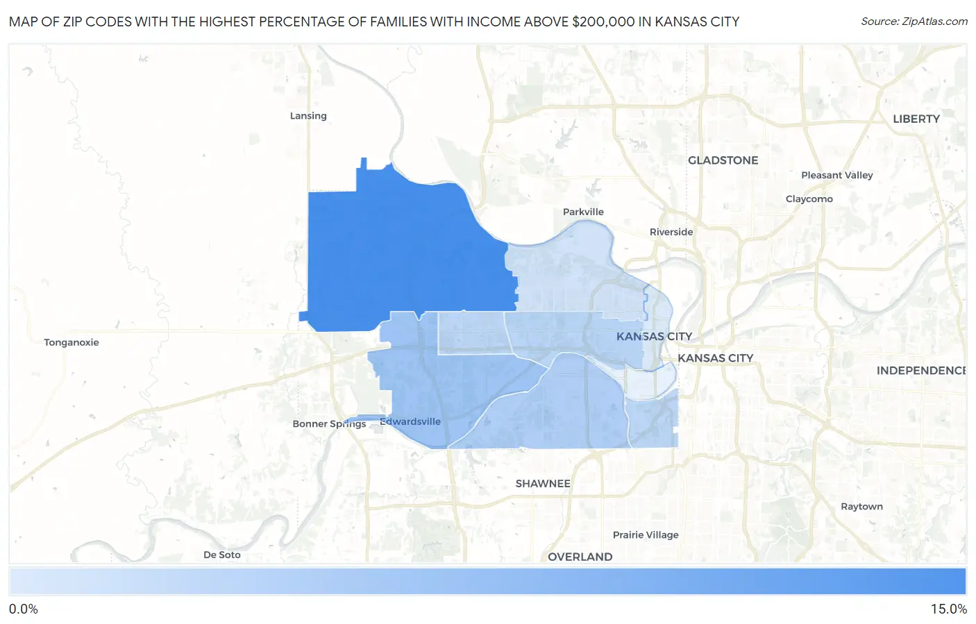 Zip Codes with the Highest Percentage of Families with Income Above $200,000 in Kansas City Map