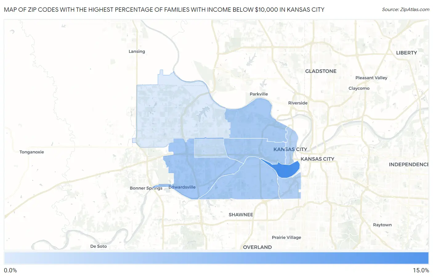 Zip Codes with the Highest Percentage of Families with Income Below $10,000 in Kansas City Map