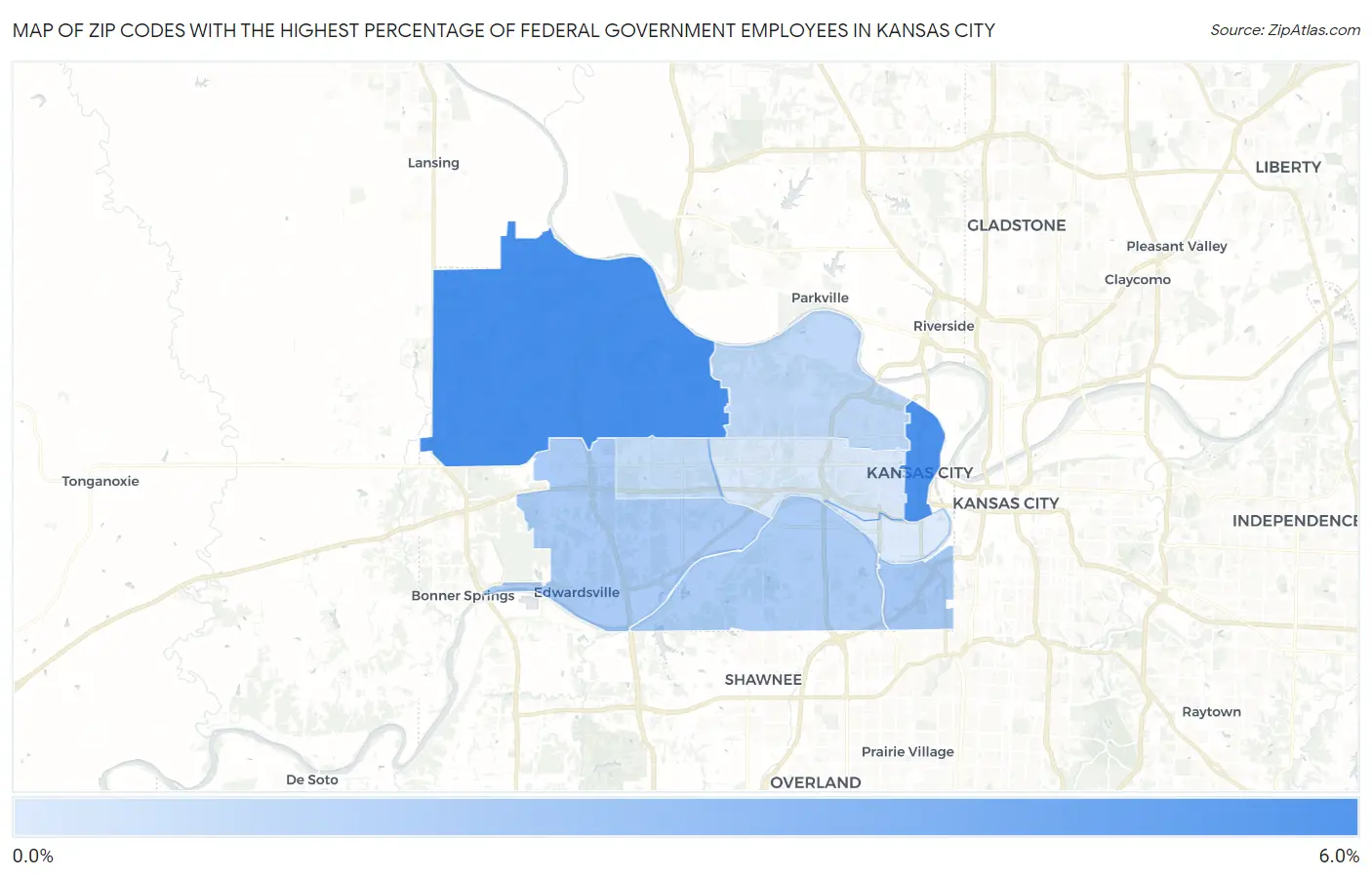 Zip Codes with the Highest Percentage of Federal Government Employees in Kansas City Map