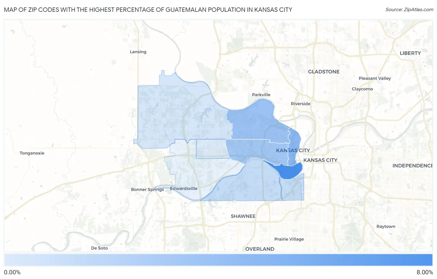 Zip Codes with the Highest Percentage of Guatemalan Population in Kansas City Map