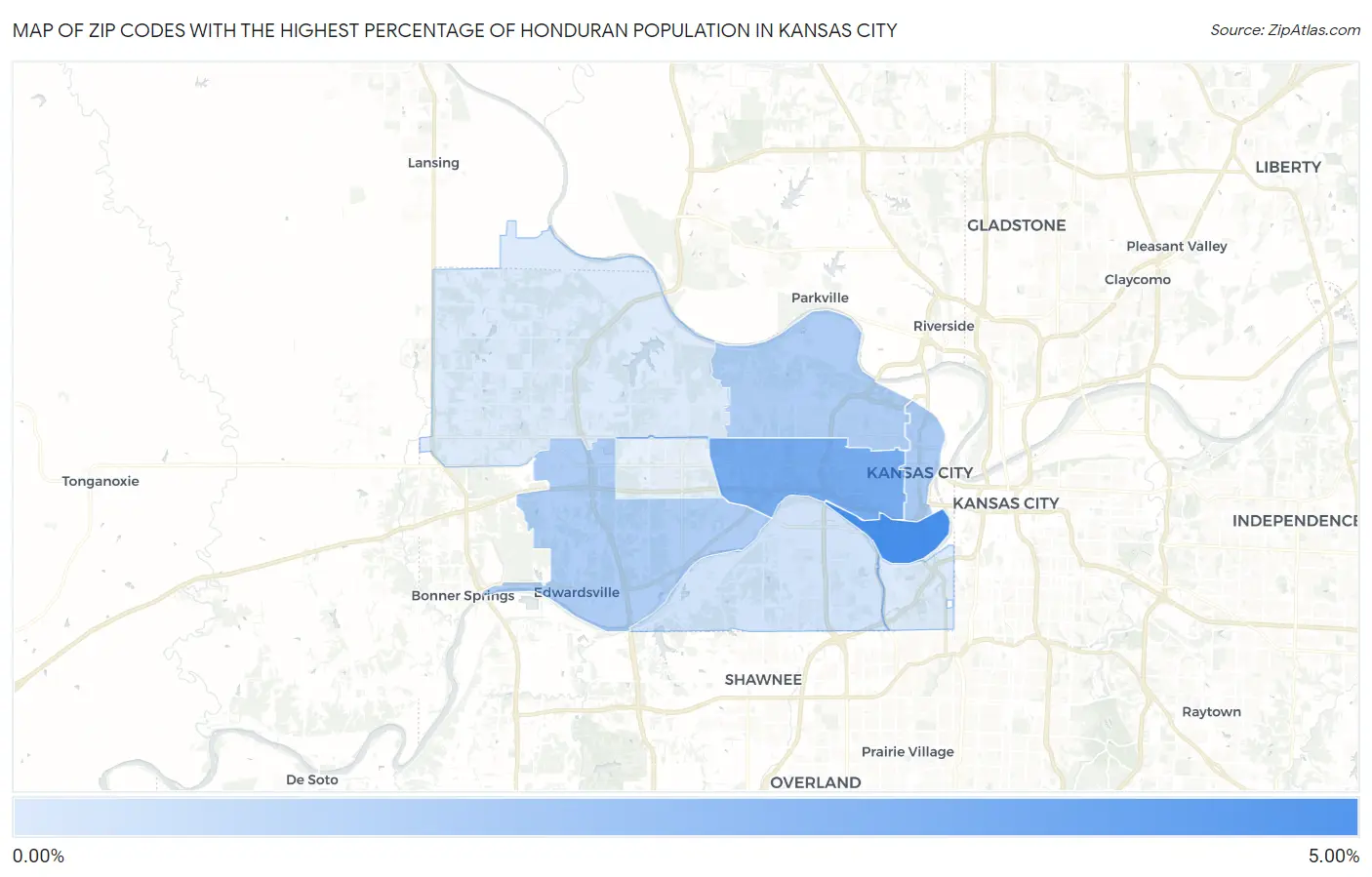 Zip Codes with the Highest Percentage of Honduran Population in Kansas City Map
