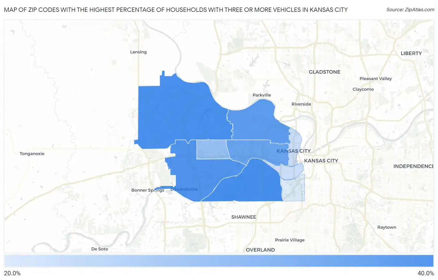 Zip Codes with the Highest Percentage of Households With Three or more Vehicles in Kansas City Map