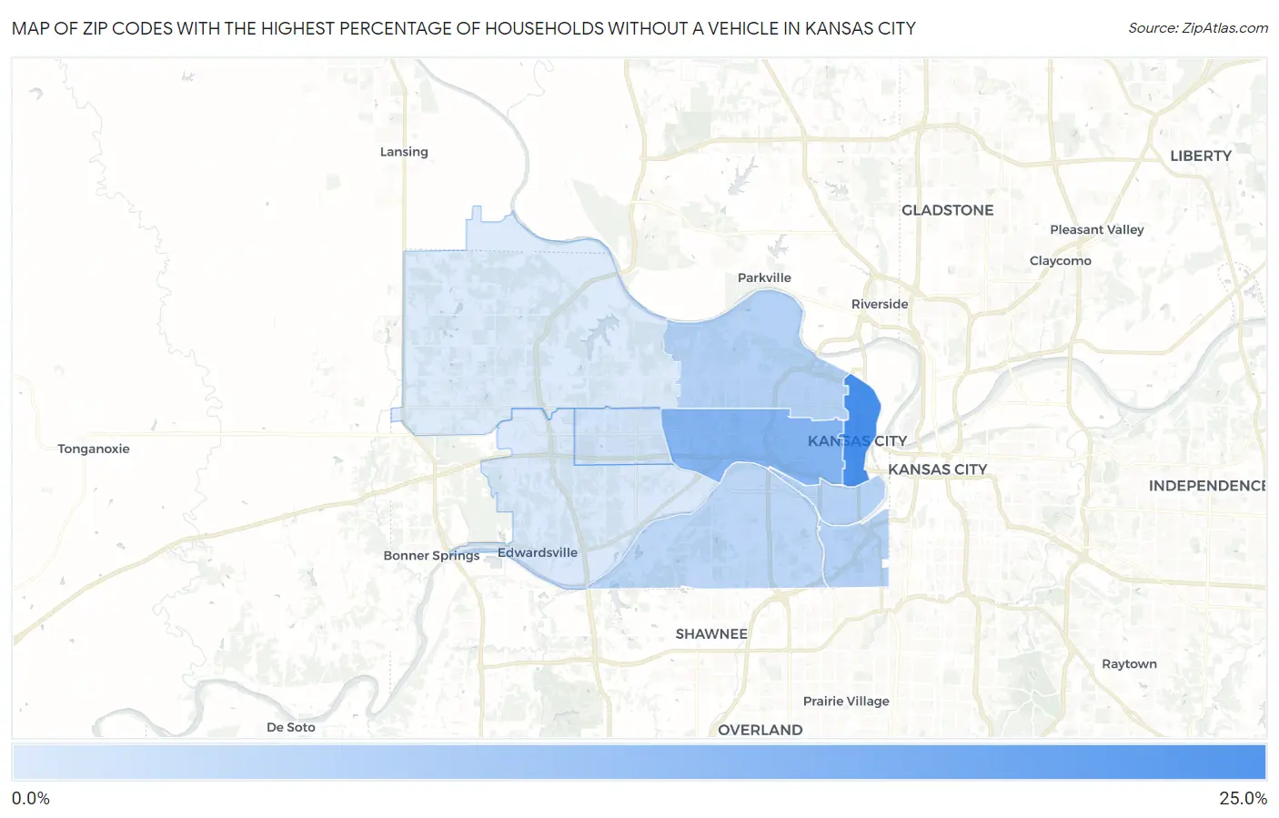 Zip Codes with the Highest Percentage of Households Without a Vehicle in Kansas City Map