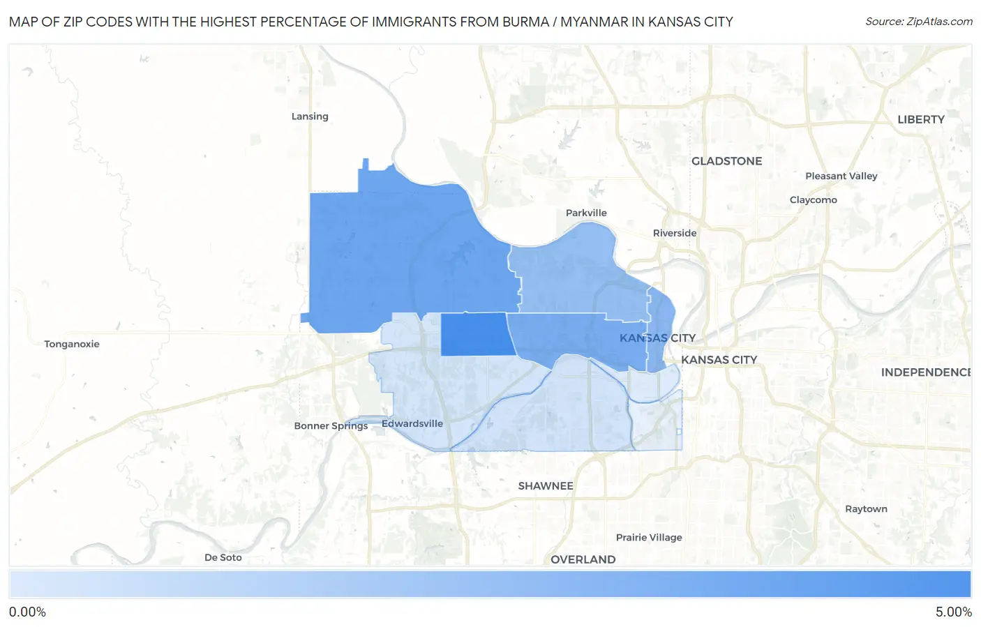 Zip Codes with the Highest Percentage of Immigrants from Burma / Myanmar in Kansas City Map