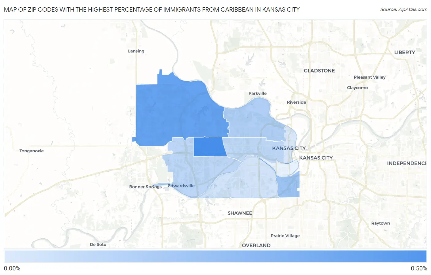 Zip Codes with the Highest Percentage of Immigrants from Caribbean in Kansas City Map