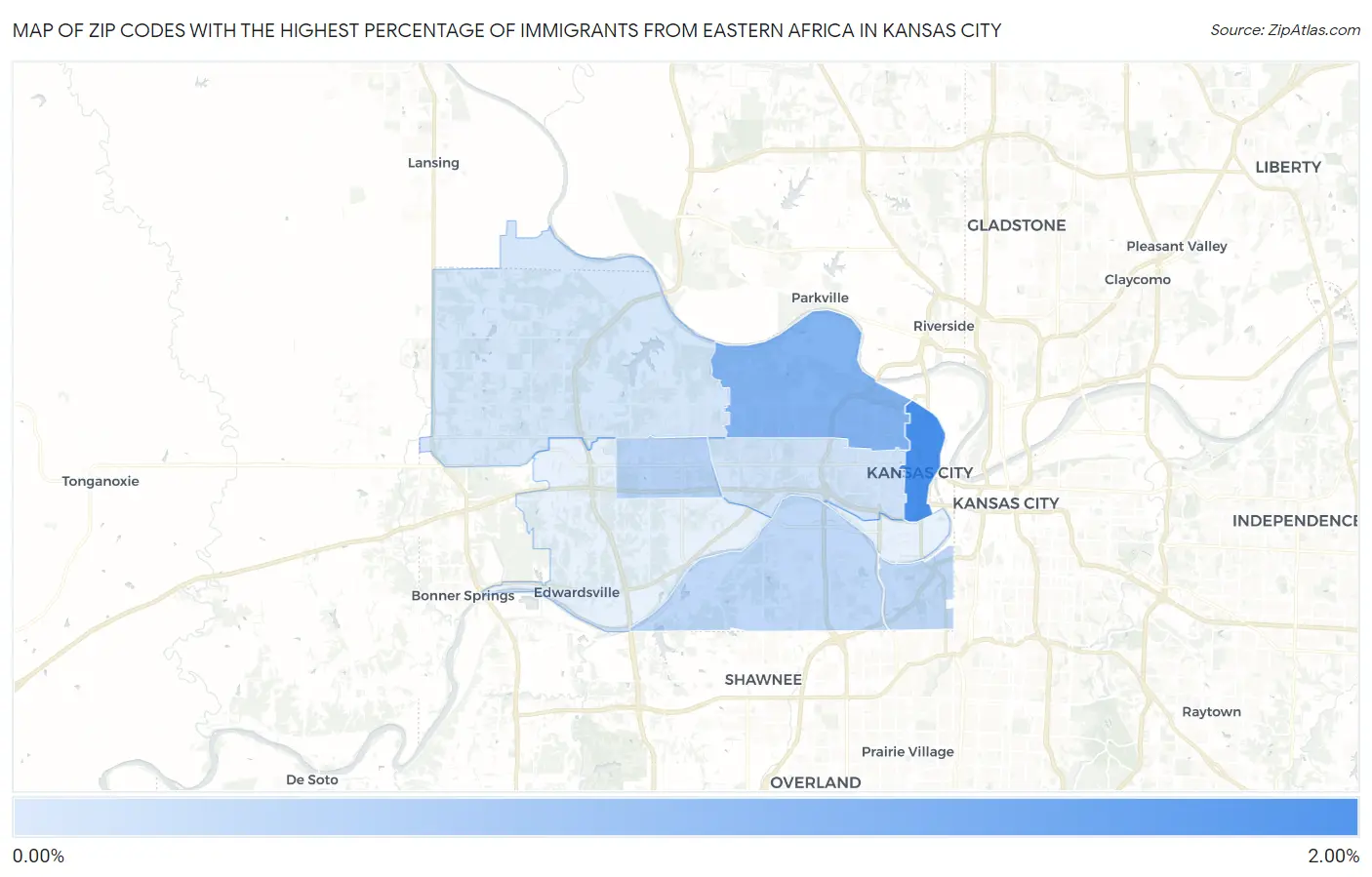 Zip Codes with the Highest Percentage of Immigrants from Eastern Africa in Kansas City Map