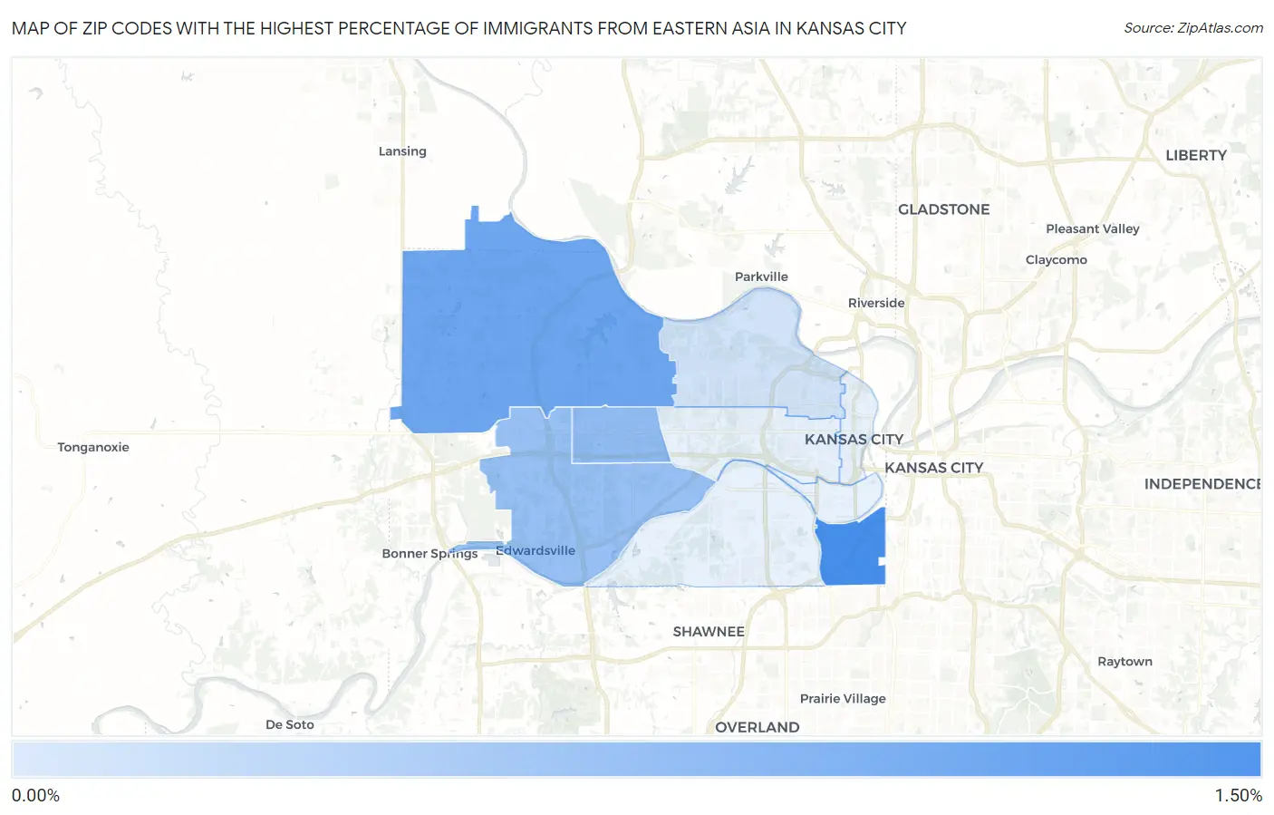Zip Codes with the Highest Percentage of Immigrants from Eastern Asia in Kansas City Map
