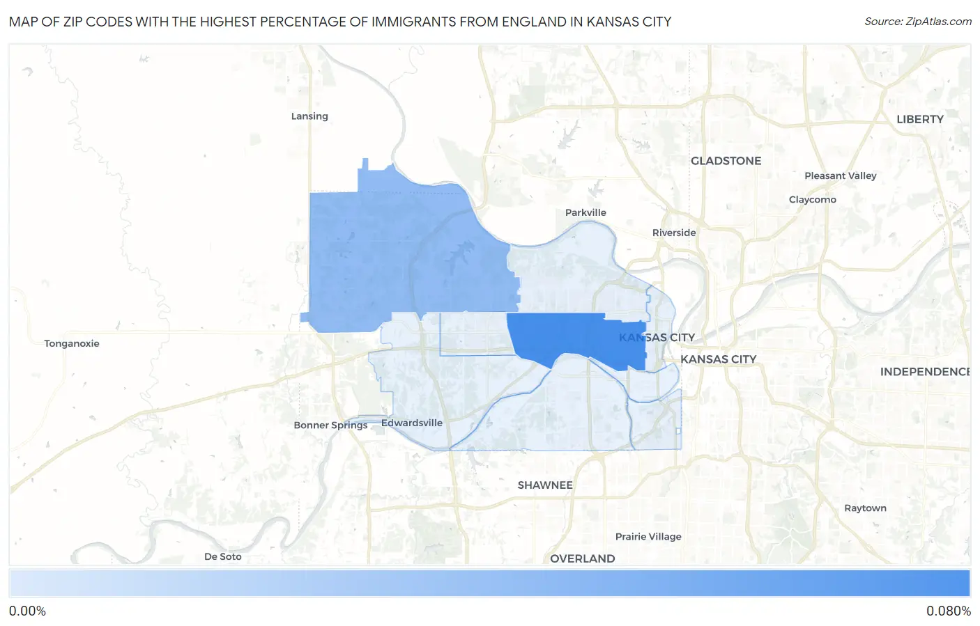 Zip Codes with the Highest Percentage of Immigrants from England in Kansas City Map