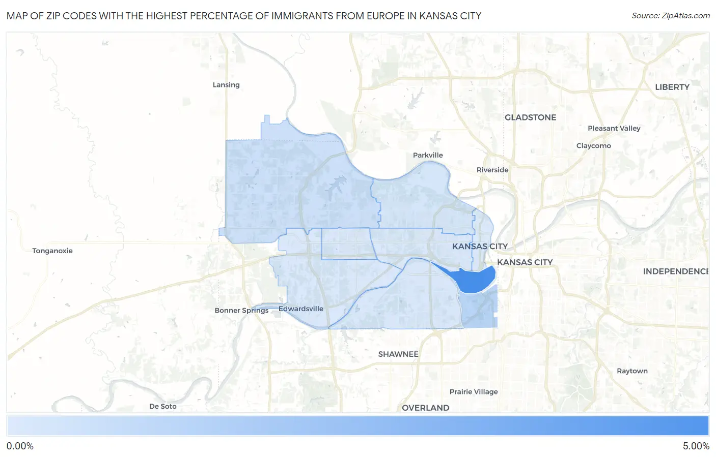Zip Codes with the Highest Percentage of Immigrants from Europe in Kansas City Map