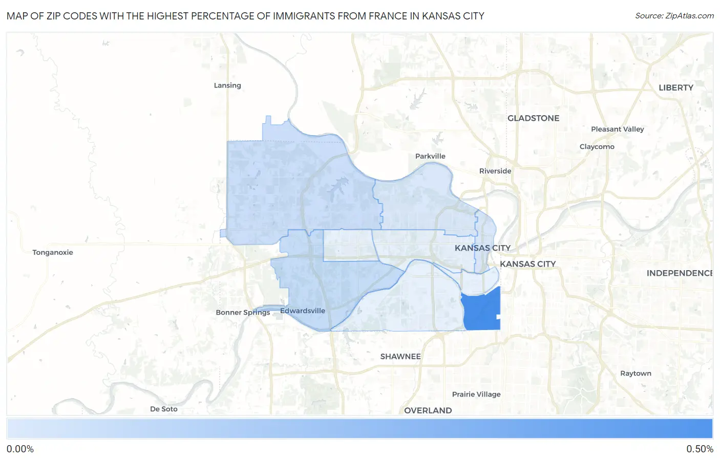 Zip Codes with the Highest Percentage of Immigrants from France in Kansas City Map