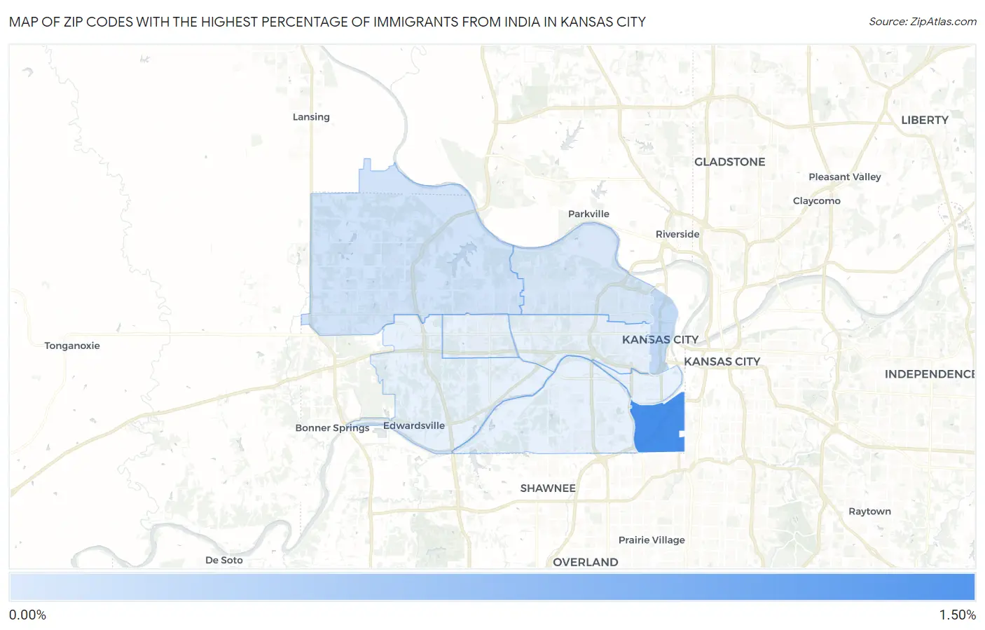 Zip Codes with the Highest Percentage of Immigrants from India in Kansas City Map