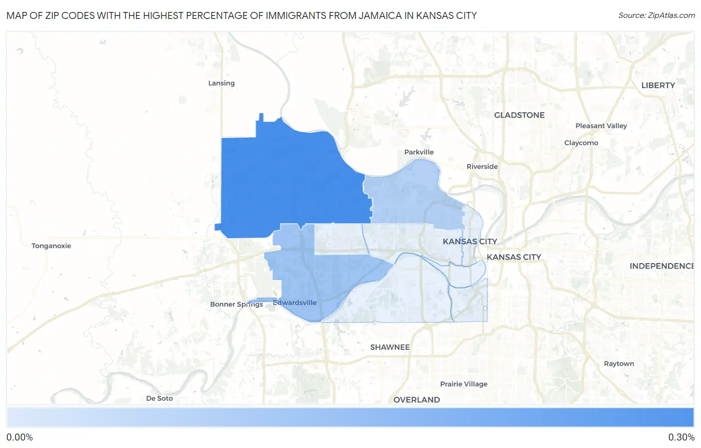 Zip Codes with the Highest Percentage of Immigrants from Jamaica in Kansas City Map