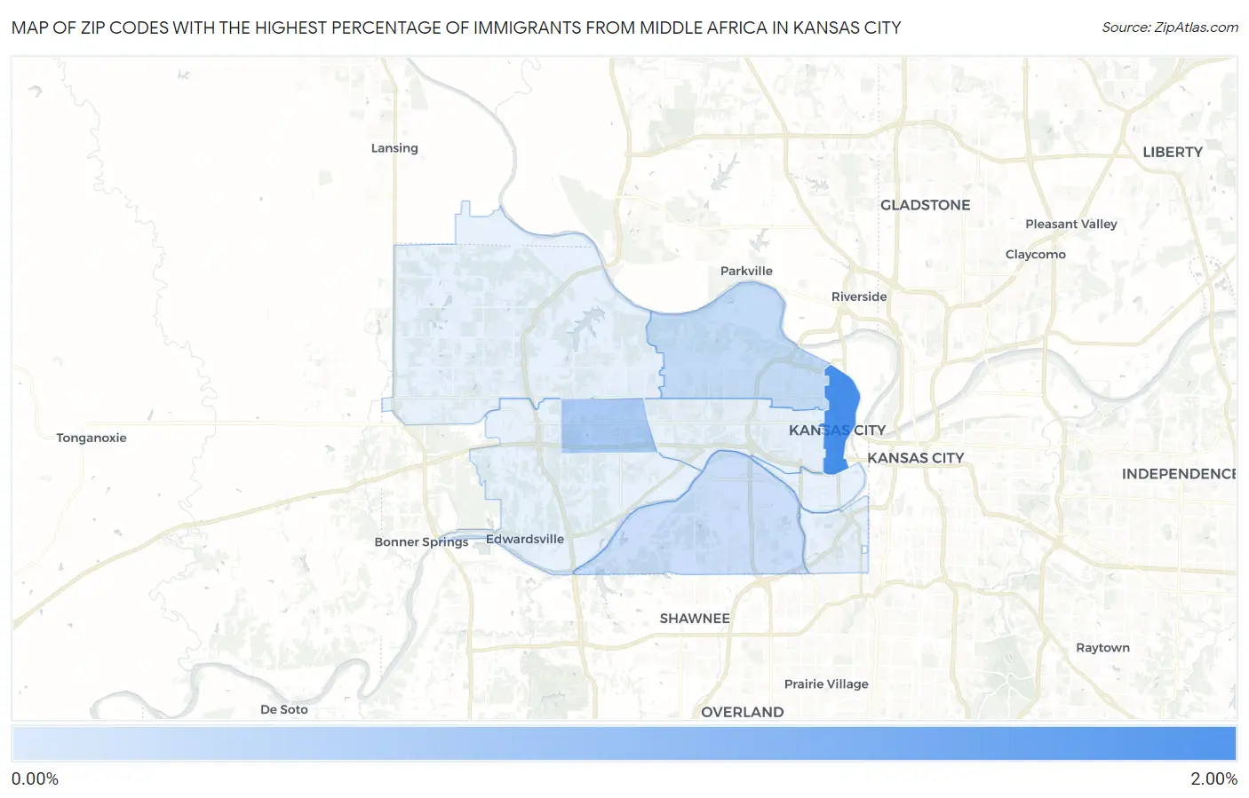 Zip Codes with the Highest Percentage of Immigrants from Middle Africa in Kansas City Map