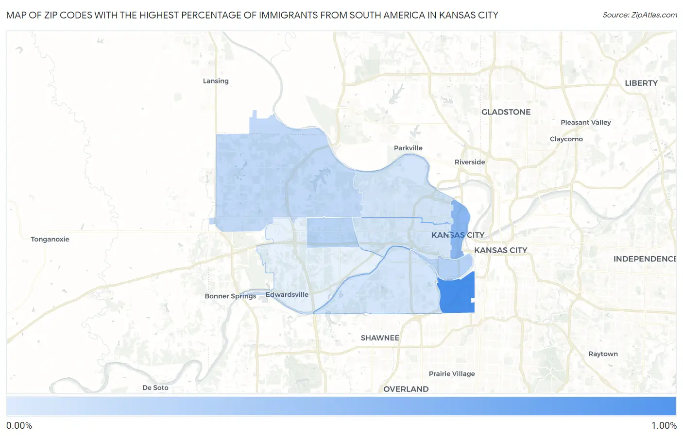 Zip Codes with the Highest Percentage of Immigrants from South America in Kansas City Map