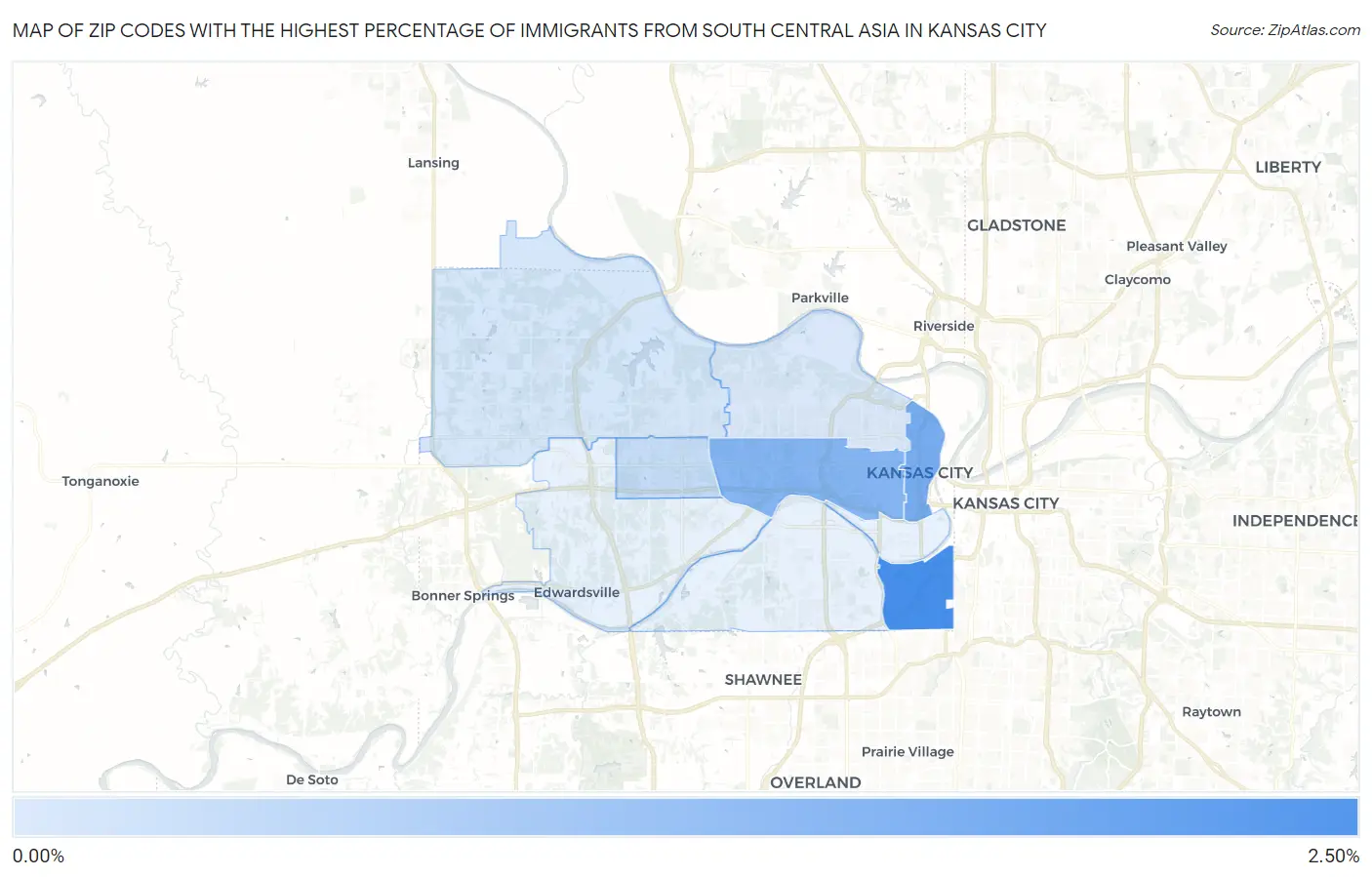 Zip Codes with the Highest Percentage of Immigrants from South Central Asia in Kansas City Map