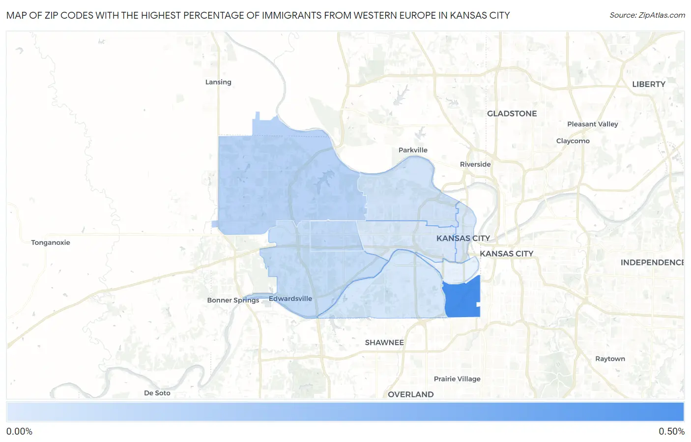 Zip Codes with the Highest Percentage of Immigrants from Western Europe in Kansas City Map
