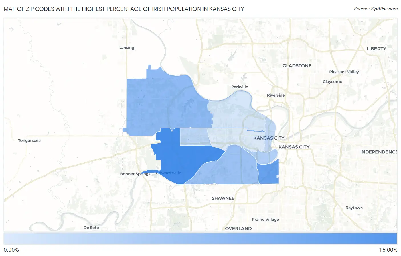 Zip Codes with the Highest Percentage of Irish Population in Kansas City Map