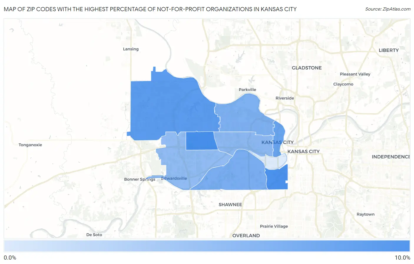 Zip Codes with the Highest Percentage of Not-for-profit Organizations in Kansas City Map