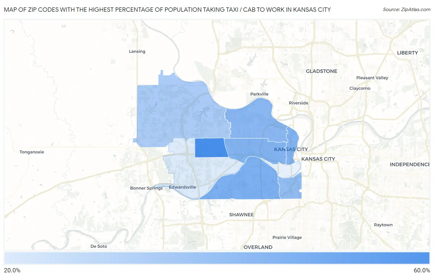 Zip Codes with the Highest Percentage of Population Taking Taxi / Cab to Work in Kansas City Map