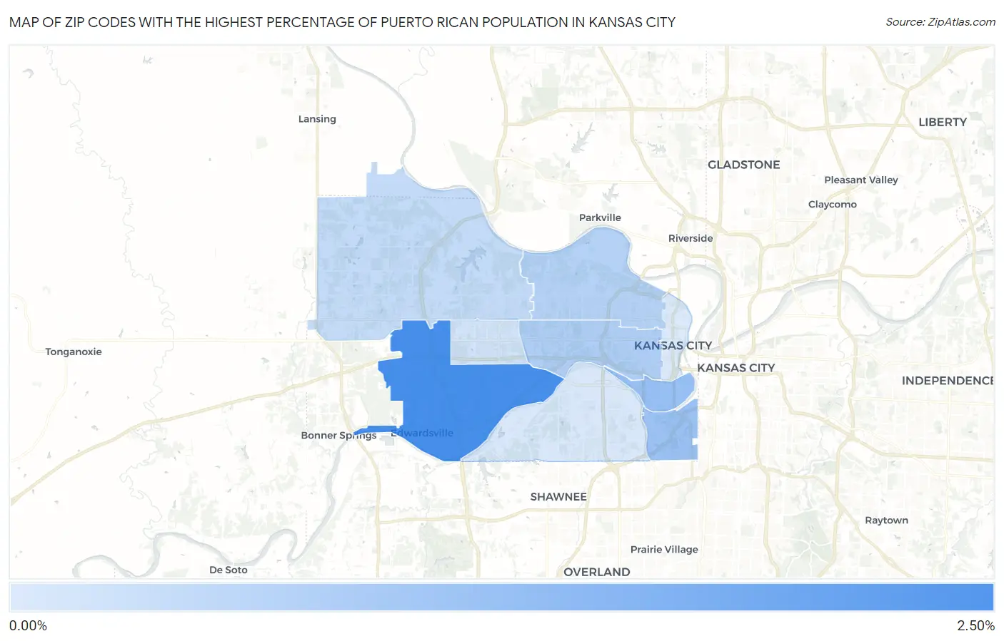 Zip Codes with the Highest Percentage of Puerto Rican Population in Kansas City Map
