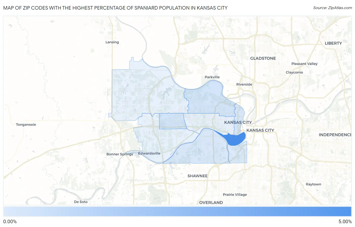 Zip Codes with the Highest Percentage of Spaniard Population in Kansas City Map